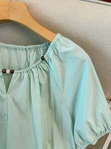 GlowEve CURVE Plus Size French Style Loose Short Sleeve Square Collar + Pleated Design Plus Size Blouse - Green - View 5