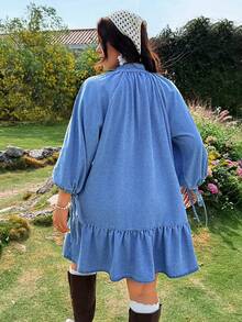 SHEIN Holidaya Plus Size Women Casual Notched Neck Denim Dress - Light Wash - View 2
