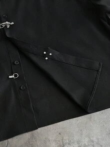 AXEPEAK Men's Solid Color Short Sleeve Casual Loose Button-Down Shirt - Black - View 6