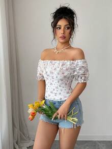 Elenzga Women's Elegant Off Shoulder Lace Floral Print Ruffle Trim Versatile Short Sleeve T-Shirt, Spring/Summer - Multicolor - View 5