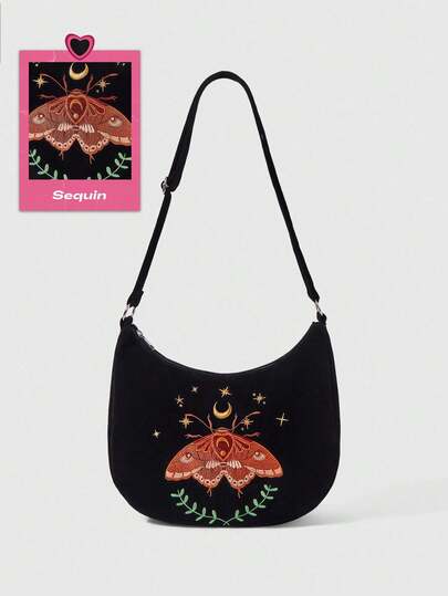 ROMWE Fairycore Tipo de Flor: 665623 Linha de Bordado de Alta Qualidade Mariposa Estrela Sol Lua Videira Bolsa Oblíqua Gótica Escura de Ombro