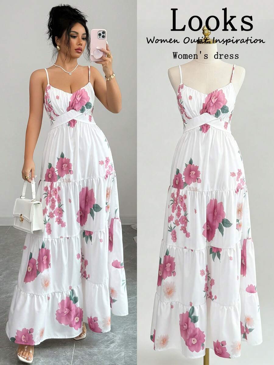 Selianne 女士春夏印花V领吊带腰带A字连衣裙 - 白色 - 查看 1