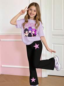 Spring And Summer Casual Fashion Creative Personalized Refreshing Minimalist Cartoon Character, Five-Pointed Star, Slogan Print Short T-Shirt And Flared Pants Set, Comfortable Daily Wear For Girls - Multicolor - View 4