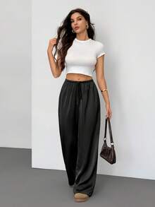 SHEIN Tall 女款低腰休閒復古緞面百搭棕色美拉德色長裙，適合高個女性 - 黑色 - 查看 7