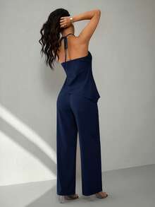 SHEIN PETITE 女士纯色简约日常穿搭无袖上衣和裤子两件套 - 藏蓝色 - 查看 2