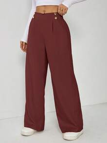 SHEIN PETITE Quần tây công sở nữ thanh lịch cài hai nút - Màu Đỏ Sâu - Xem 4