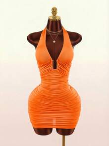 Amplova Women's Orange Pleated Fitted Halter Mini Dress Club Summer,Summer Dresses For Women - Orange - View 5