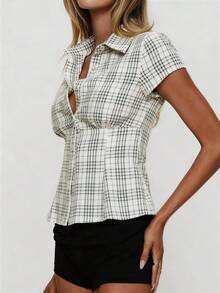 INAWLY Women's Casual Plaid Print Waist Cinched Short Sleeve Shirt - Mint Green - View 3