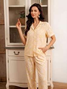 SHEIN 泡泡褶皱印花女士休闲短袖裤睡衣套装 - 黃色 - 查看 5