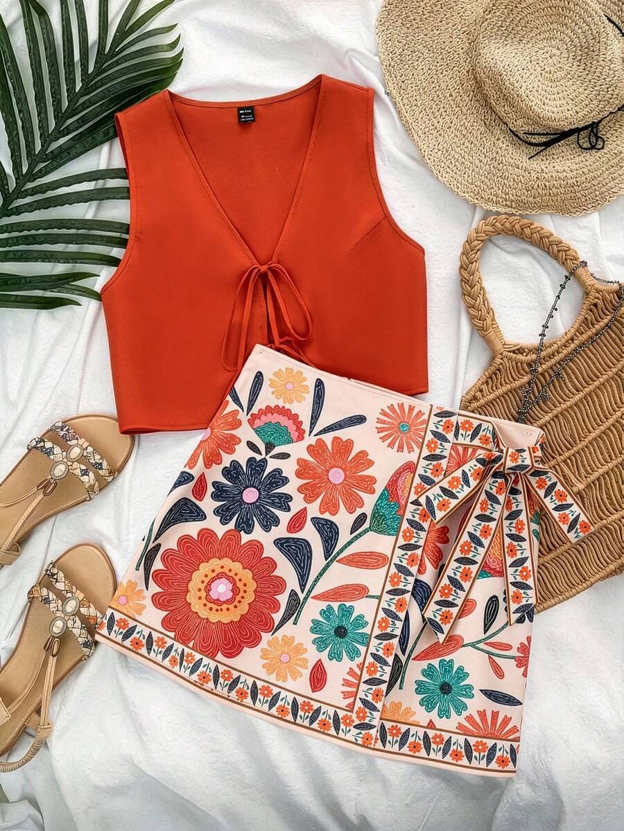 GlowEve CURVE Plus Size Women's Floral Print 2-Piece Set, Suitable For Vacation, Dates, Romantic & Versatile, Spring/Summer - Multicolor - View 1