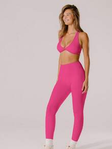 Aralina Quần legging nữ cạp cao, màu trơn, kiểu dáng thể thao thường ngày. - Hồng nhiệt đới - Xem 8