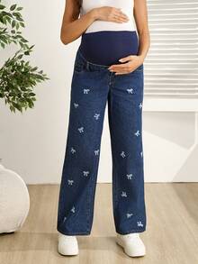 SHEIN Quần jeans bầu màu xanh dương kiểu dáng thường ngày, thêu nơ, thời trang cho mùa xuân và mùa hè. - Màu xanh lam - Xem 5
