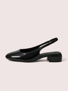 CUCCOO DOLLMOD Women's Shoes Round Toe Black Patent Leather Rear Strap Slingback Thick Heel Simple Basic Low Heel Fashion Cute Wear High Heel Shoes - Black - View 1