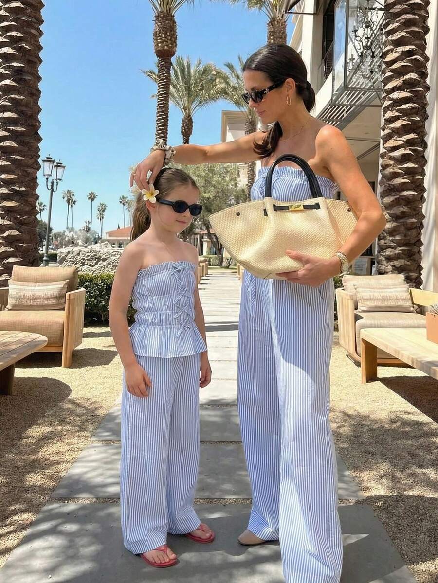 Travachic KIDS Tween Girl Vacation Casual Blue & White Striped Tube Top And Elastic Waist Pants Set,Kids - Multicolor - View 1
