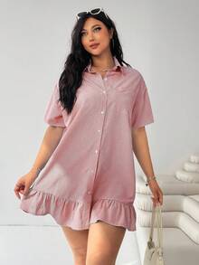 Solflare Plus Size Pink Sequin Striped Short Sleeve Ruffle Hem Splice Loose Casual 90s Cute Dress Summer Smart Back-To-School Vacation Commuting Daily - Redwood - View 3