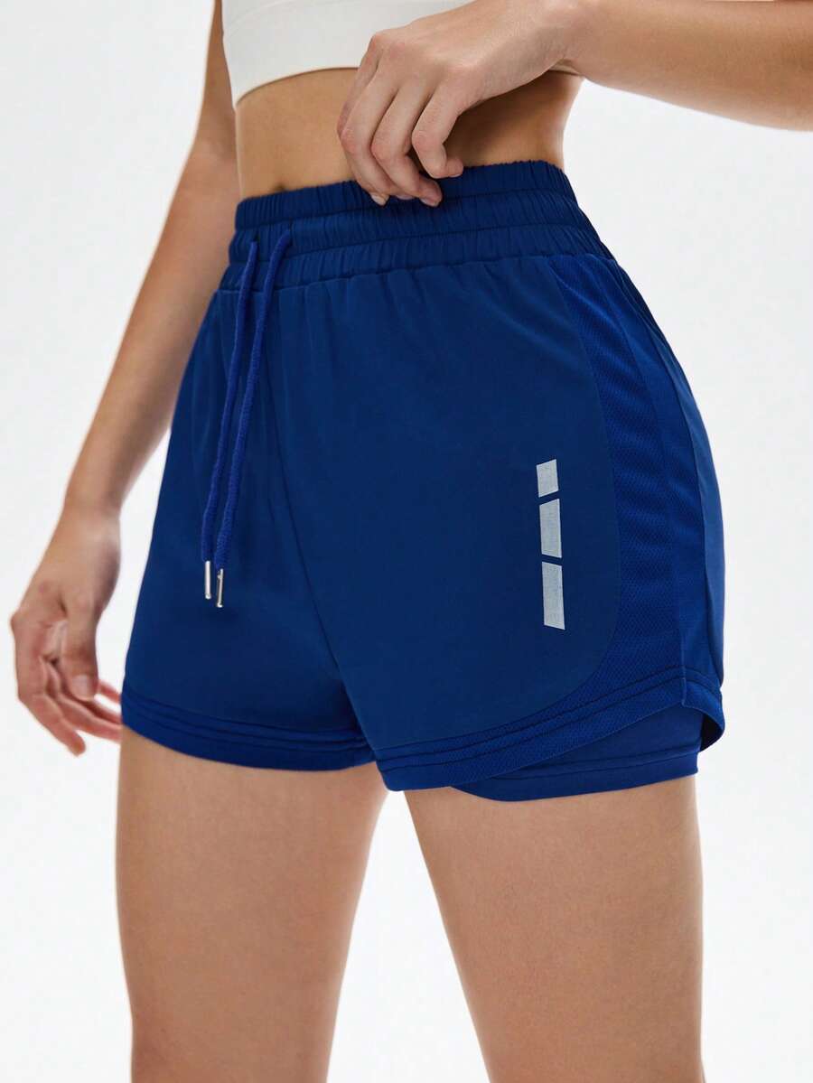 WanderVale Women's Sports Shorts With Mesh Patchwork And Reflective Dots - Blue - View 1