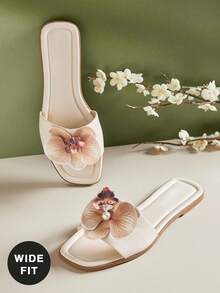 SHUZIA #Wide Fit ResortEdit Women's Orchid Floral-Decor Square Toe Nude Slide Sandals – Tropical, Chic & Vacation-Ready - Beige - View 2