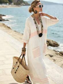 SHEIN Holidaya V领七分袖印花宽松休闲长裙，适合春、夏、秋、冬、新年、万圣节等各种场合，宽松舒适，日常穿着优雅得体，也适合派对、海滩、浪漫约会、时尚休闲通勤等场合。 - 淺粉色 - 查看 4