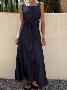 DAZY Women's Casual Washed Waist Belt Square Neck Sleeveless Slit Denim Dress, Summer - Dark Wash - View 5