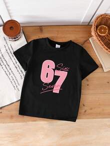 女童67号图案圆领短袖T恤，黑色，休闲简约街头风，适合户外运动和日常穿着，春夏秋季，适合4-7岁女童 - 黑色 - 查看 3
