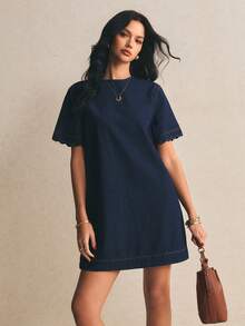 Poéselle Zanzea Women's Navy Blue Summer Casual Short Sleeve Denim Dress,100% Cotton Scallop Trim Solid Minimalist Sundress For Any Occasion Mother's Day - Dark Wash - View 7