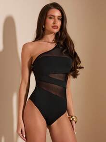 SHEIN BAE Áo liền thân không tay màu đen thanh lịch gợi cảm phối lưới, áo liền thân dệt kim ôm sát họa tiết hình học, áo liền thân xuyên thấu màu đen gợi cảm thanh lịch dành cho nữ mùa xuân/hè. - màu đen - Xem 7