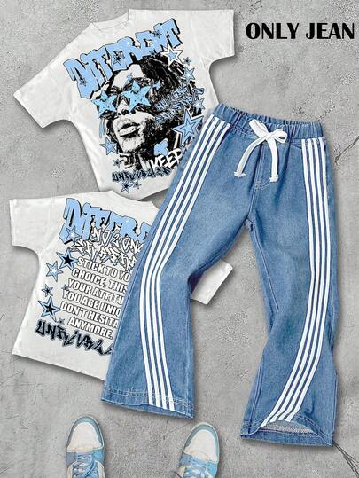 Young BoyNavy Blue Denim Contrast Webbing Straight Leg Flared Pants