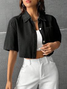 SHEIN EZwear 女士短袖单排扣休闲口袋牛仔衬衫 - 黑色 - 查看 4