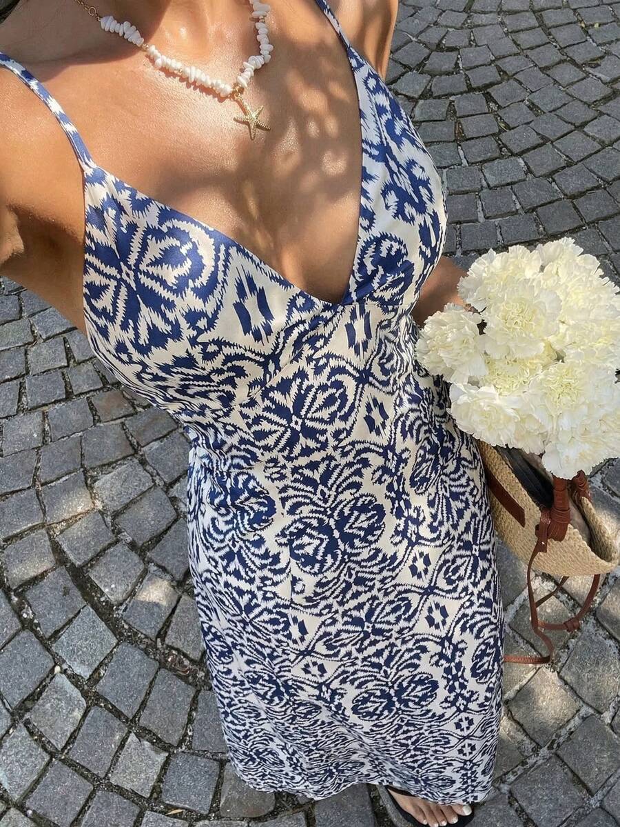 Sunnyshic Women's Casual Vacation Fashion Everyday Versatile Bohemian Paisley Print Backless Spaghetti Strap Dress, Spring/Summer - Multicolor - View 1