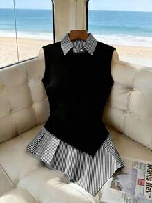 Franclia Áo sơ mi nữ màu đen kẻ sọc thời trang, dáng ôm, tôn dáng, thích hợp mặc thường ngày. - Đen và trắng - Xem 3