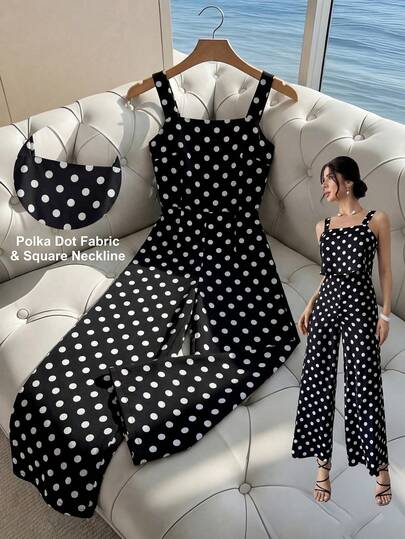 Franclia 优雅女士缎面波点印花阔腿连体裤，适合夏季海滩度假