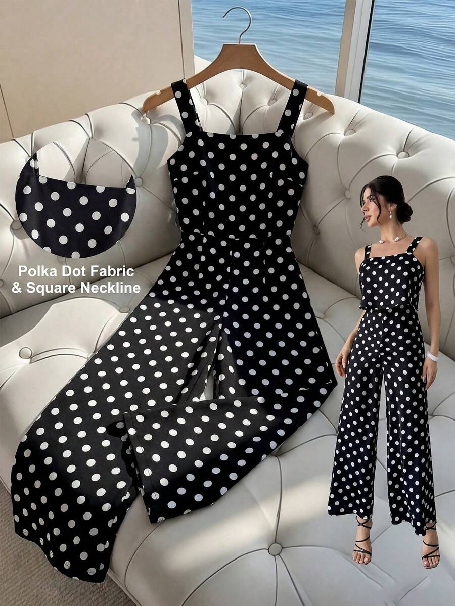 Franclia 优雅女士缎面波点印花阔腿连体裤，适合夏季海滩度假。波点连体裤，女士连体裤，波点连身裤，黑白连衣裙，女士波点连衣裙，黑色波点连衣裙，复古连衣裙，女士波点连衣裙，女士波点裤，女士连体裤工作服，女士波点两件套，波点连体裤，女士波点套装，女士套装，波点两件套