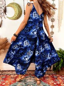 Fembélia Printed & Tie-Dye Ink Wash Casual Loose Jumpsuit For Women - Blue - View 3