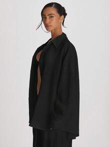 Musera Resort Oversized Leinenhemd als Strandüberwurf für Urlaub, Sommer, Reisen, Strandmode, Grundausstattung, Junggesellinnenabschied, Hochzeit, Braut, einfarbig, Resort-Kernstück - Schwarz - Übersicht 3