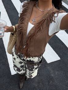 SHEIN EZwear Women's Rivet Decor Tassel Trim Casual Tank Top - Brown - View 6