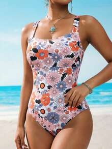 Swim Vcay Women's One-Piece Elegant Thick Strap Colorful Floral Print Swimsuit Set, Suitable For Beach, Pool, Casual Party, Vacation, Spring/Summer - Multicolor - View 3