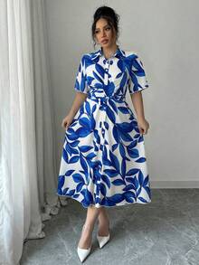 Elenzga Blue Collared Short Sleeve Cinched Waist Casual Plus Size Dress With Artistic Leaf Print In Blue And White - Blue - View 6