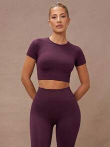 Lumalex Solid Seamless High Stretch Raglan Sleeve Sports Set Workout Women Set Gym Women Outfit - Maroon - View 6
