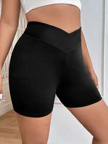 SHEIN PETITE CURVE Quần short nữ cỡ lớn, màu trơn, cạp lệch, kiểu dáng thường ngày. - màu đen - Xem 5