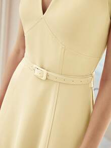 MOTF PREMIUM VESTIDO MIDI SIN MANGAS CON CUELLO EN V PARA MUJER, LIGERO PARA CEREMONIAS Y CITAS, PRIMAVERA/VERANO - Amarillo - Ver 5