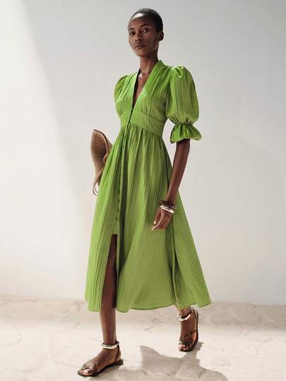 Aveloria Modichic Lime Green & Mint Green Textured Vertical Stripe V-Neck Button Front Puff Sleeve Dress, Waist Cinched Flared Skirt, Elegant Versatile Holiday Outfit