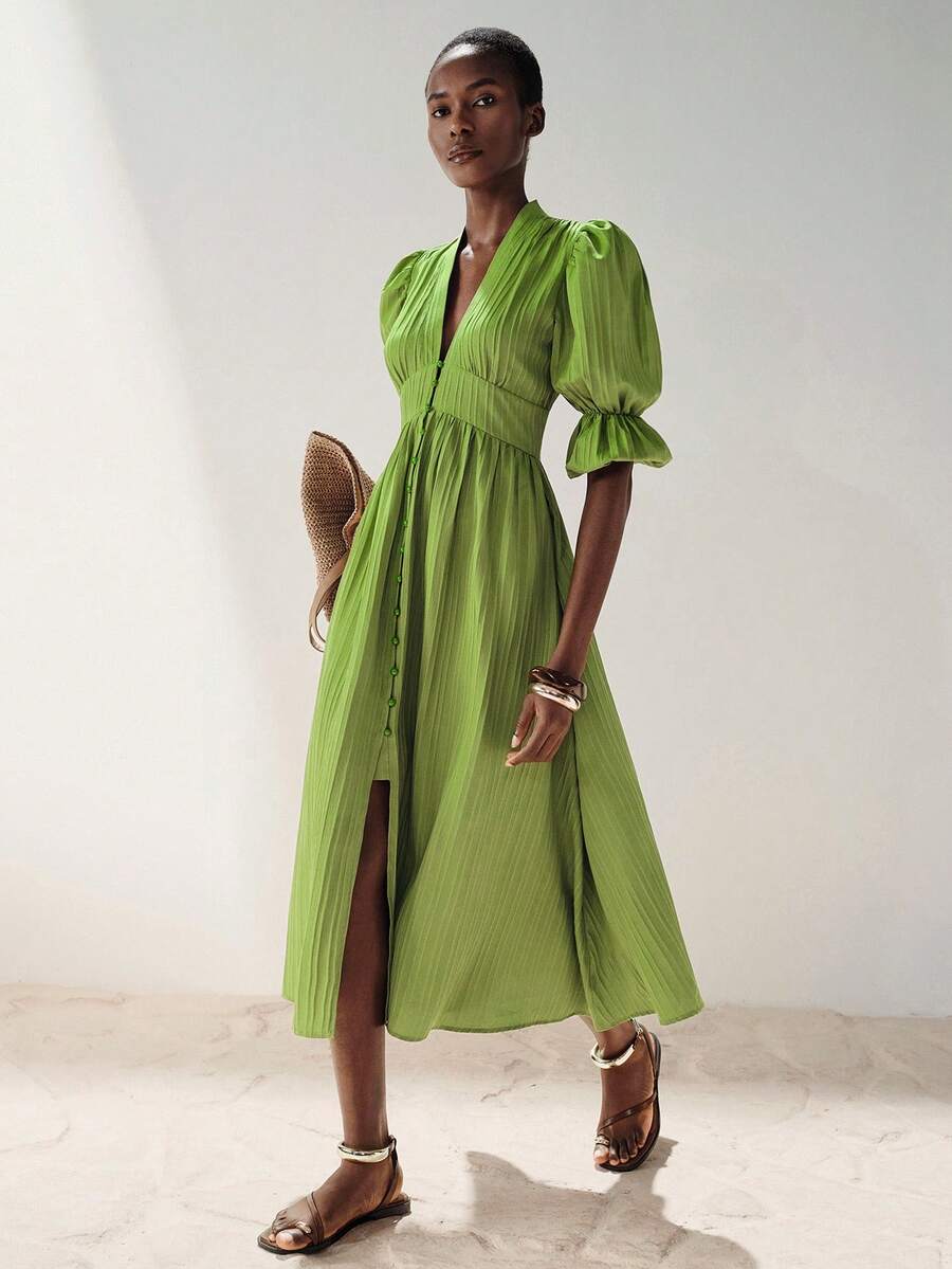 Aveloria Modichic Lime Green & Mint Green Textured Vertical Stripe V-Neck Button Front Puff Sleeve Dress, Waist Cinched Flared Skirt, Elegant Versatile Holiday Outfit - Green - View 1