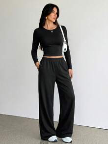 SHEIN Tall Bộ 2 món áo dài tay và quần dài màu trơn dành cho nữ. - màu đen - Xem 3