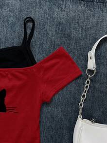 Attitoon Áo thun ngắn tay nữ kiểu retro họa tiết mèo đen nhìn trộm, phối màu, thích hợp cho mùa hè. - Đỏ - Xem 4