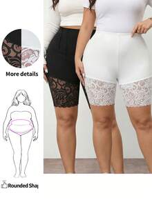 Enliva 2pcs/Set Plus Size Women Black & White Leggings, Elegant Versatile Casual Wear Safety Shorts For Summer, Women Summer Clothes, For Apple And Rounded Body Shape - Black and White - View 2