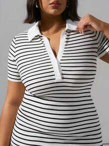 Hourglow Plus Size Colorblock Striped Short Sleeve Dress Stripe Dress Midi Bodycon Dress, For Hourglass Body Shape, For Summer - Black and White - View 7