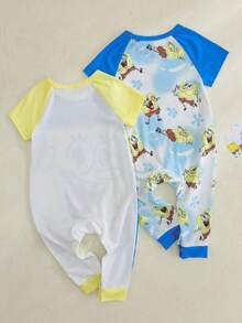 SpongeBob SquarePants | SHEIN 男婴休闲卡通印花连体衣，夏季 - 黃色 - 查看 2