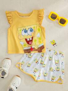 SpongeBob SquarePants | SHEIN 女婴卡通印花圆领T恤和短裤休闲日常穿搭 - 黃色 - 查看 1
