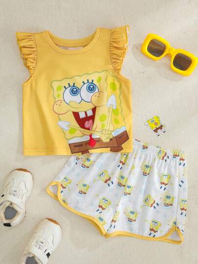 SpongeBob SquarePants | SHEIN 女婴卡通印花圆领T恤和短裤休闲日常穿搭