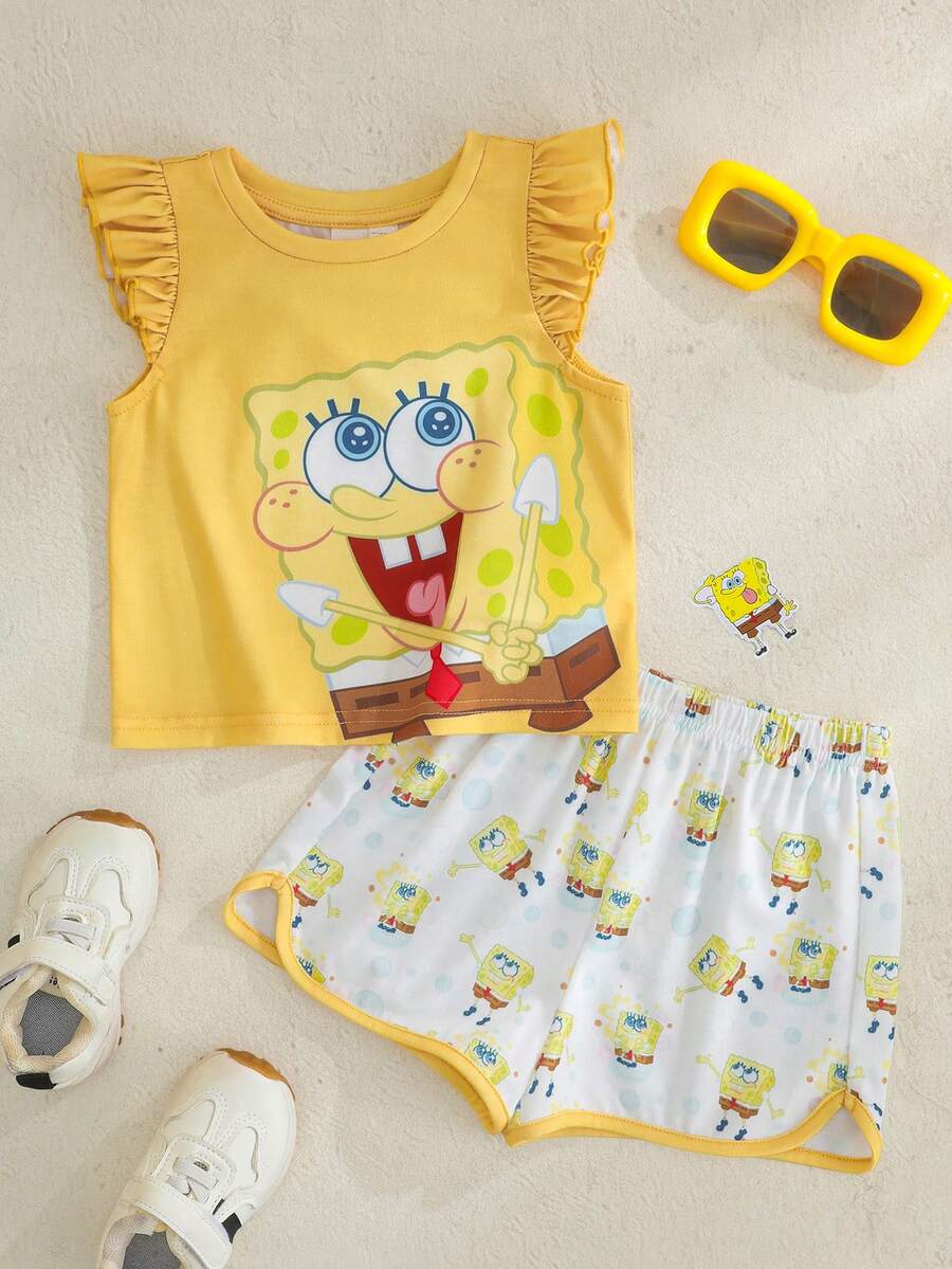 SpongeBob SquarePants | SHEIN 女婴卡通印花圆领T恤和短裤休闲日常穿搭 - 黃色 - 查看 1